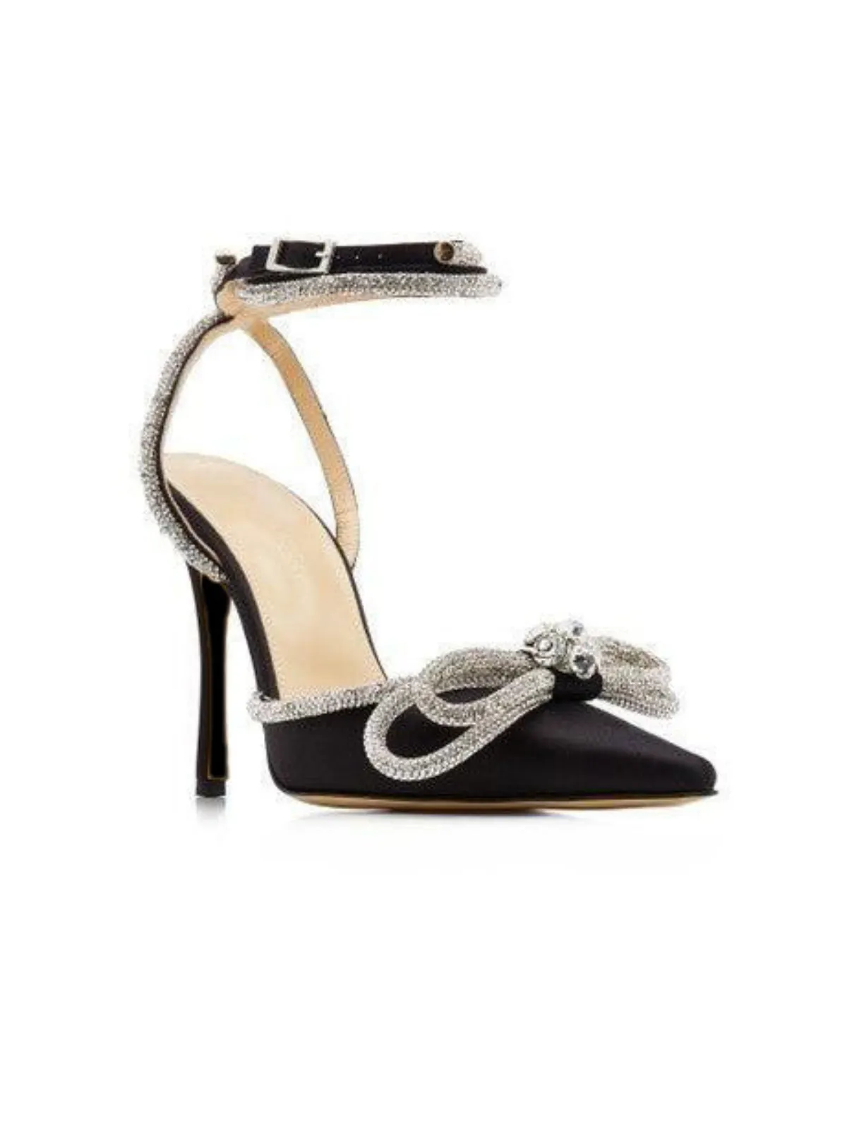 Laila Bow Crystal Satin Heels In Black sold by Mew Mews