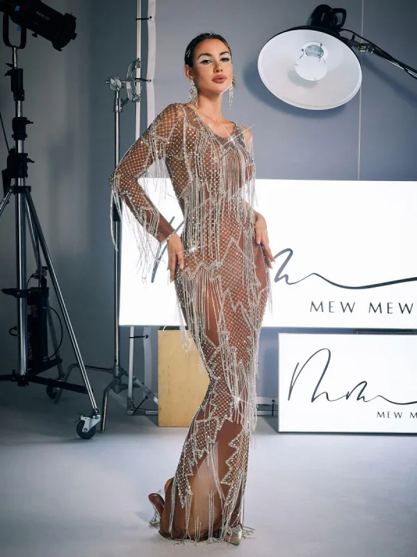 Quentin Printed Rhinestone Fringe Maxi Dress sold by Mew Mews