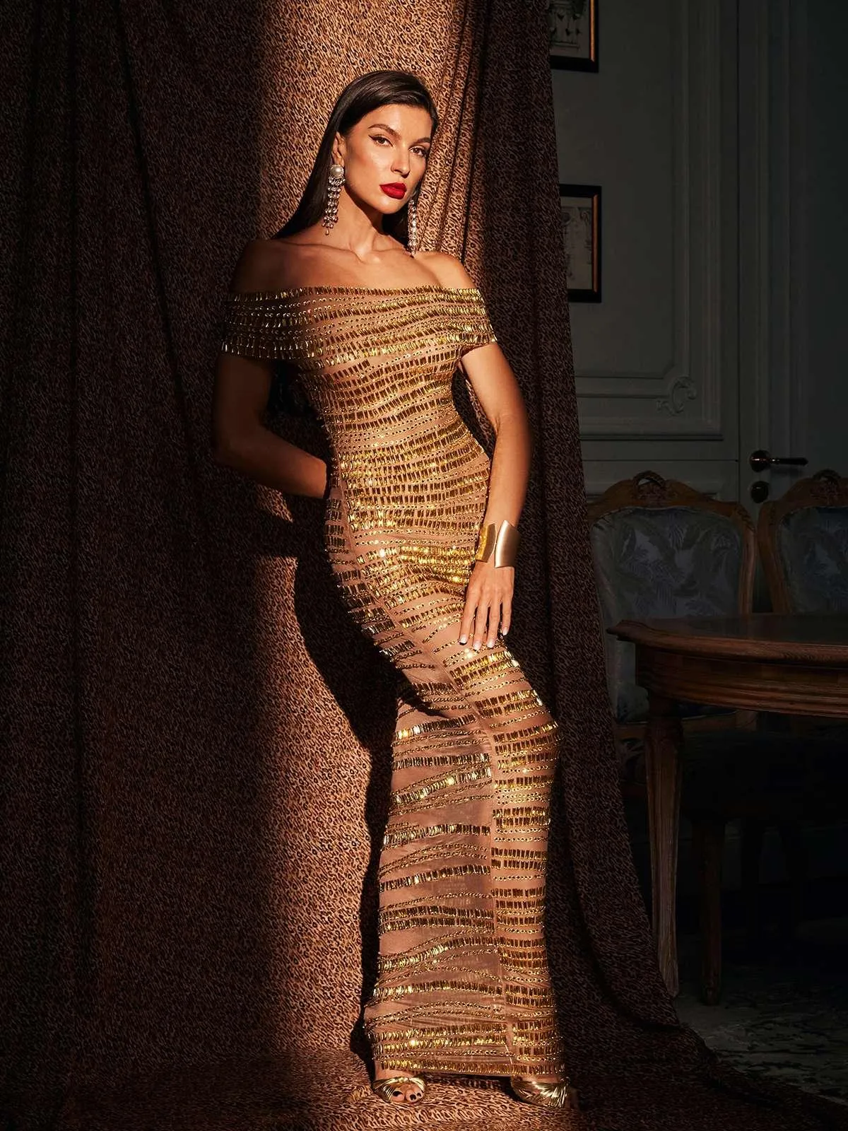 Eryx Off Shoulder Rhinestone Mesh Maxi Dress sold by Mew Mews product image thumbnail 3