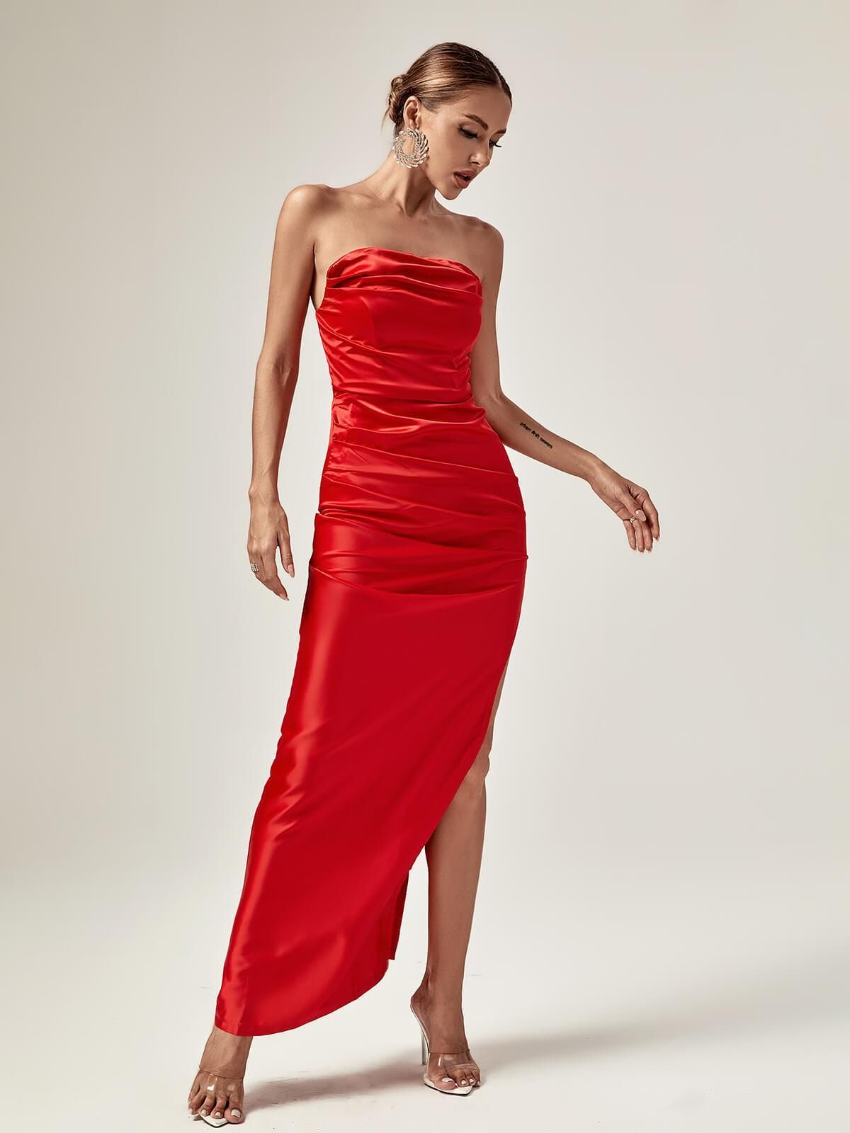 Althea Strapless Satin Split Maxi Dress In Red sold by Mew Mews product image thumbnail 3