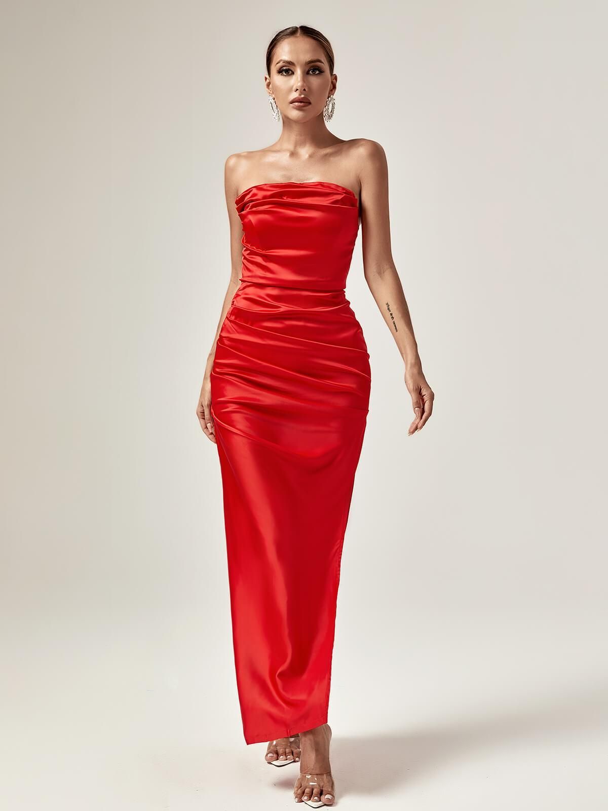 Althea Strapless Satin Split Maxi Dress In Red sold by Mew Mews product image thumbnail 2