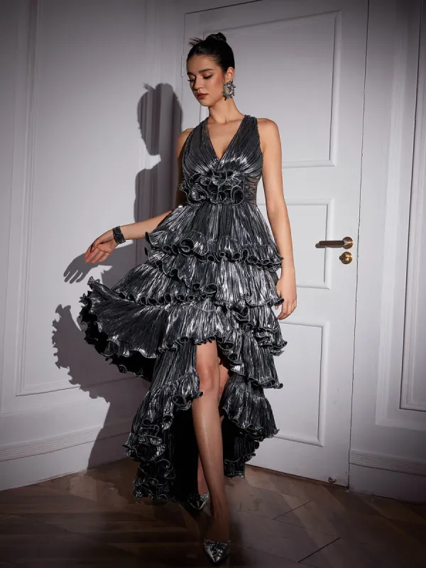 Hirst V Neck Ruched Midi Dress In Silver sold by Mew Mews