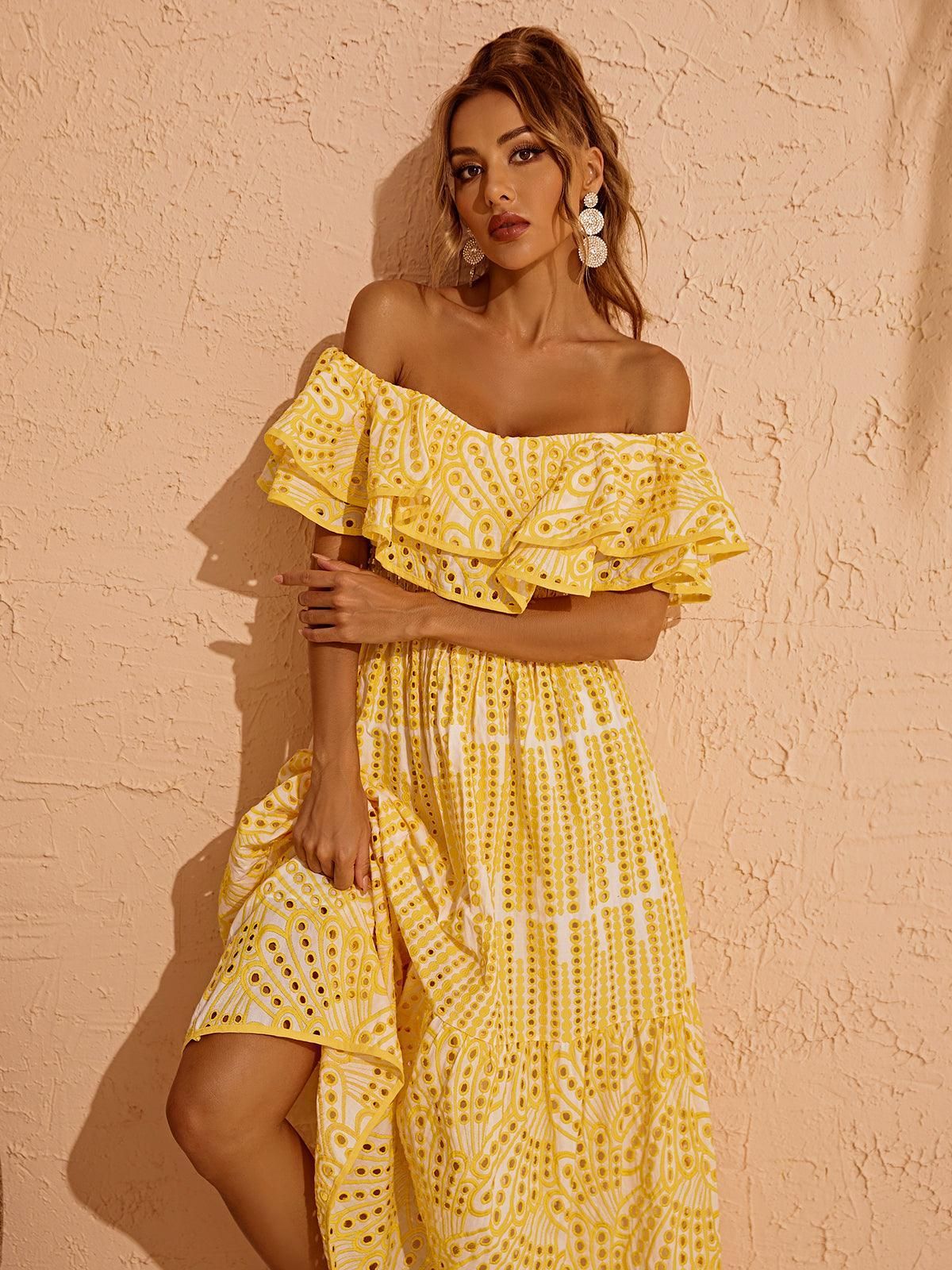 Soleil Off Shoulder Hollow Maxi Dress In Yellow sold by Mew Mews product image thumbnail 2