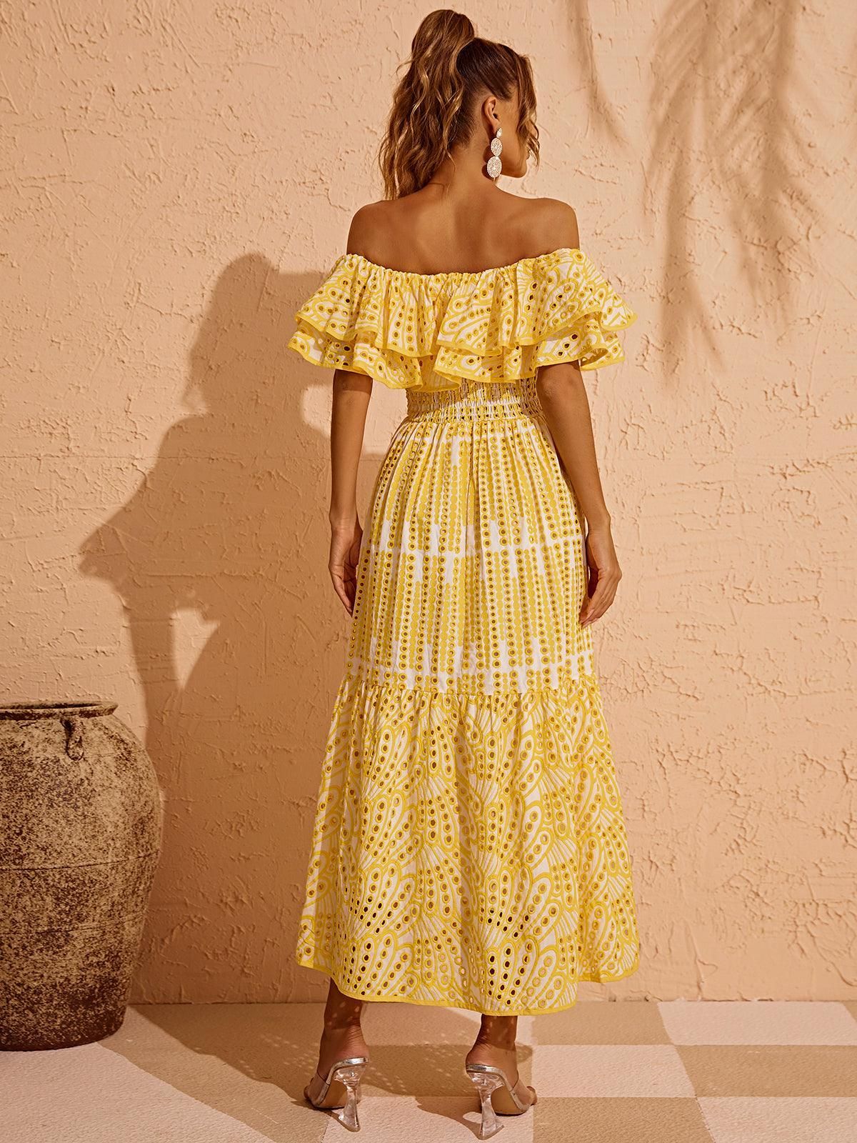 Soleil Off Shoulder Hollow Maxi Dress In Yellow sold by Mew Mews product image thumbnail 5