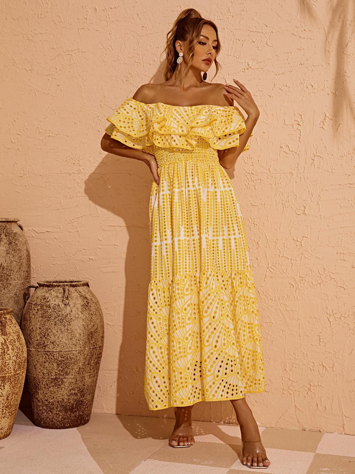 Soleil Off Shoulder Hollow Maxi Dress In Yellow sold by Mew Mews product image thumbnail 3