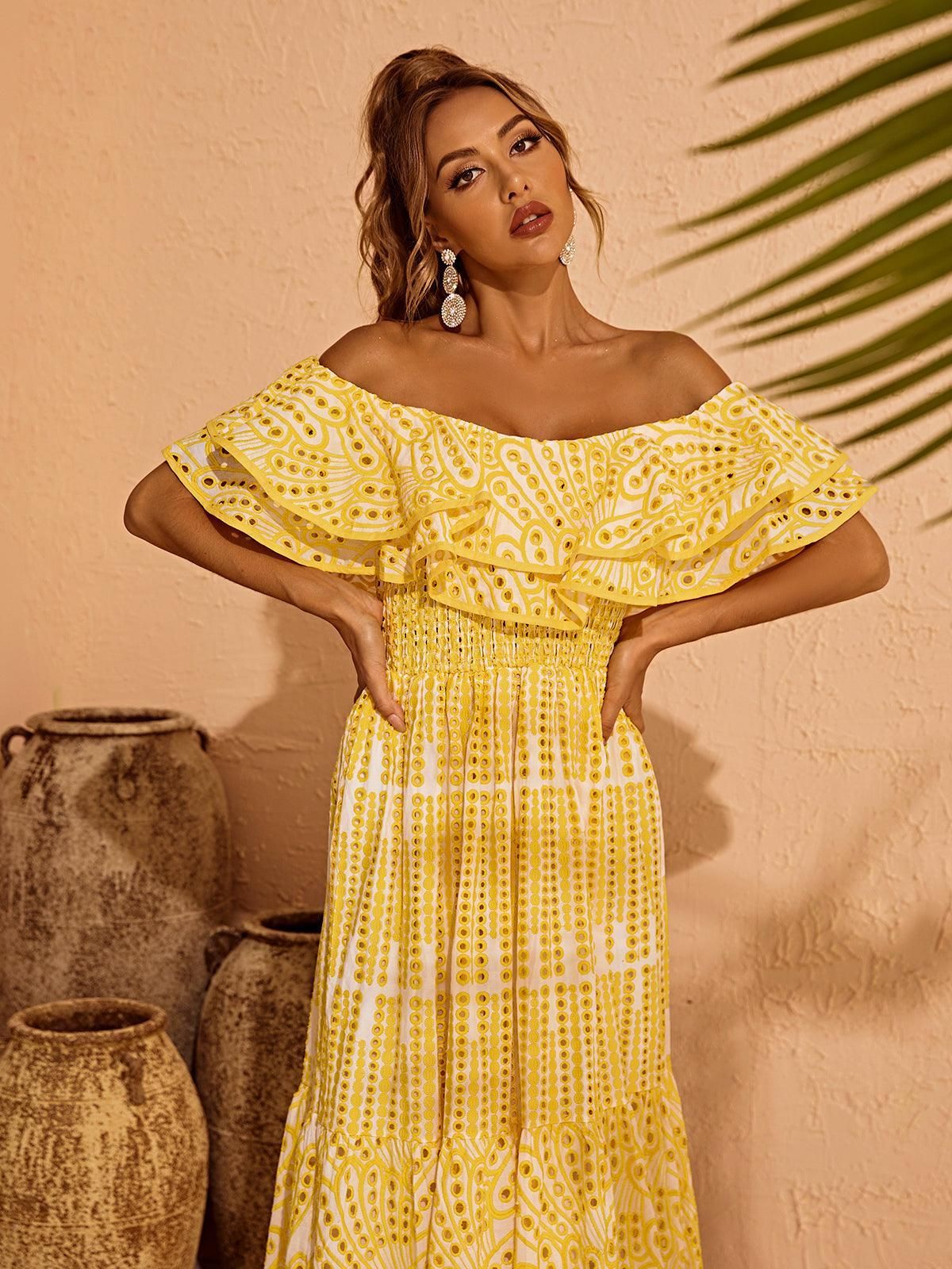 Soleil Off Shoulder Hollow Maxi Dress In Yellow sold by Mew Mews product image thumbnail 4