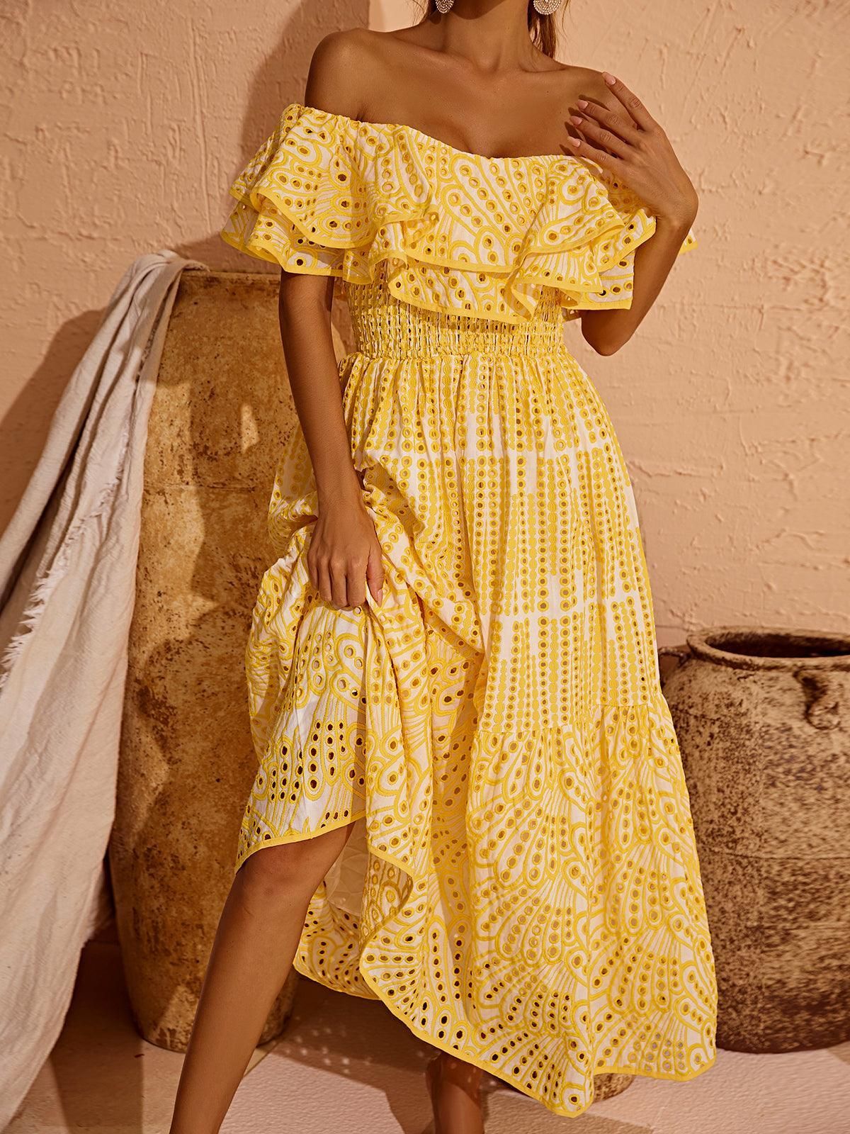 Soleil Off Shoulder Hollow Maxi Dress In Yellow sold by Mew Mews product image thumbnail 6