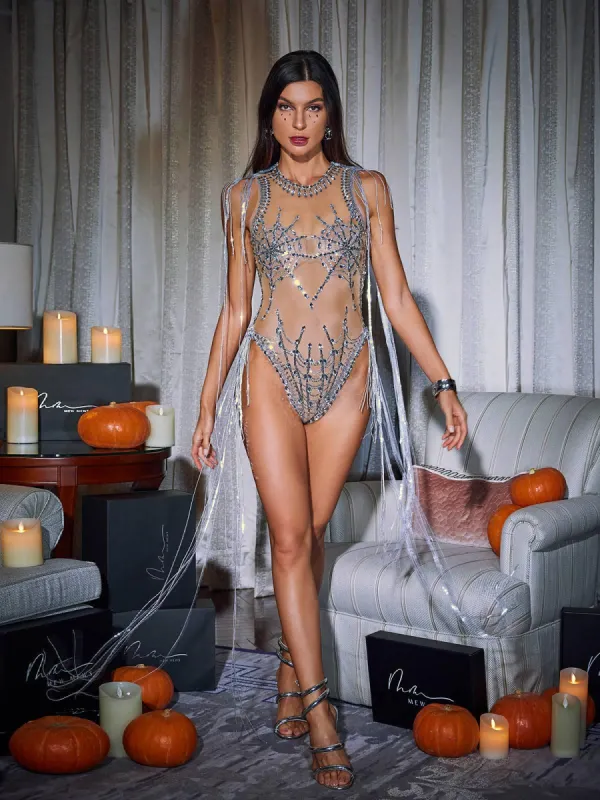 Lamia Cobweb Fringe Sequin Bodysuit sold by Mew Mews
