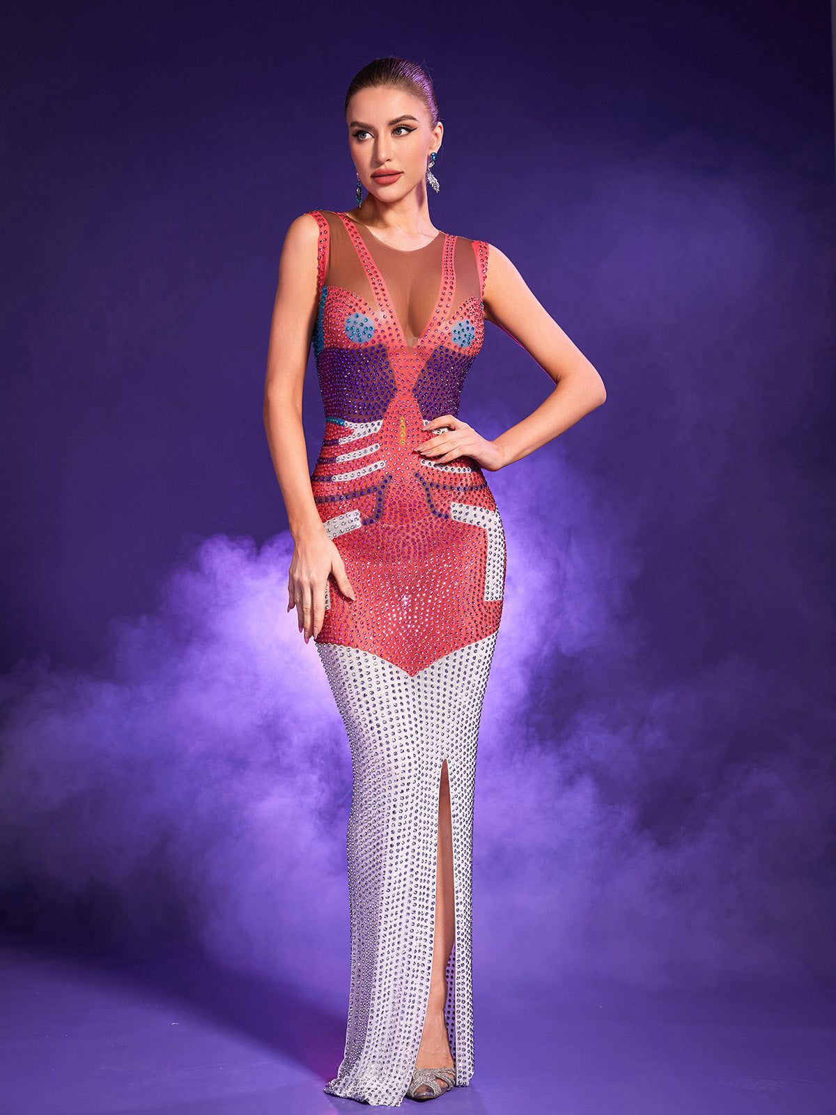 Lyra Sleeveless Rhinestone Printed Maxi Dress sold by Mew Mews