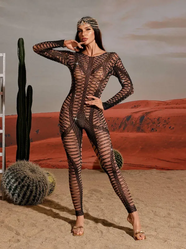 Yanis Long Sleeve Rhinestone Printed Jumpsuit sold by Mew Mews