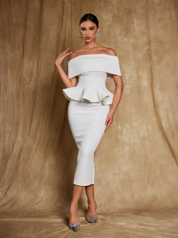 Augustus Off Shoulder Flounce Midi Dress In White sold by Mew Mews