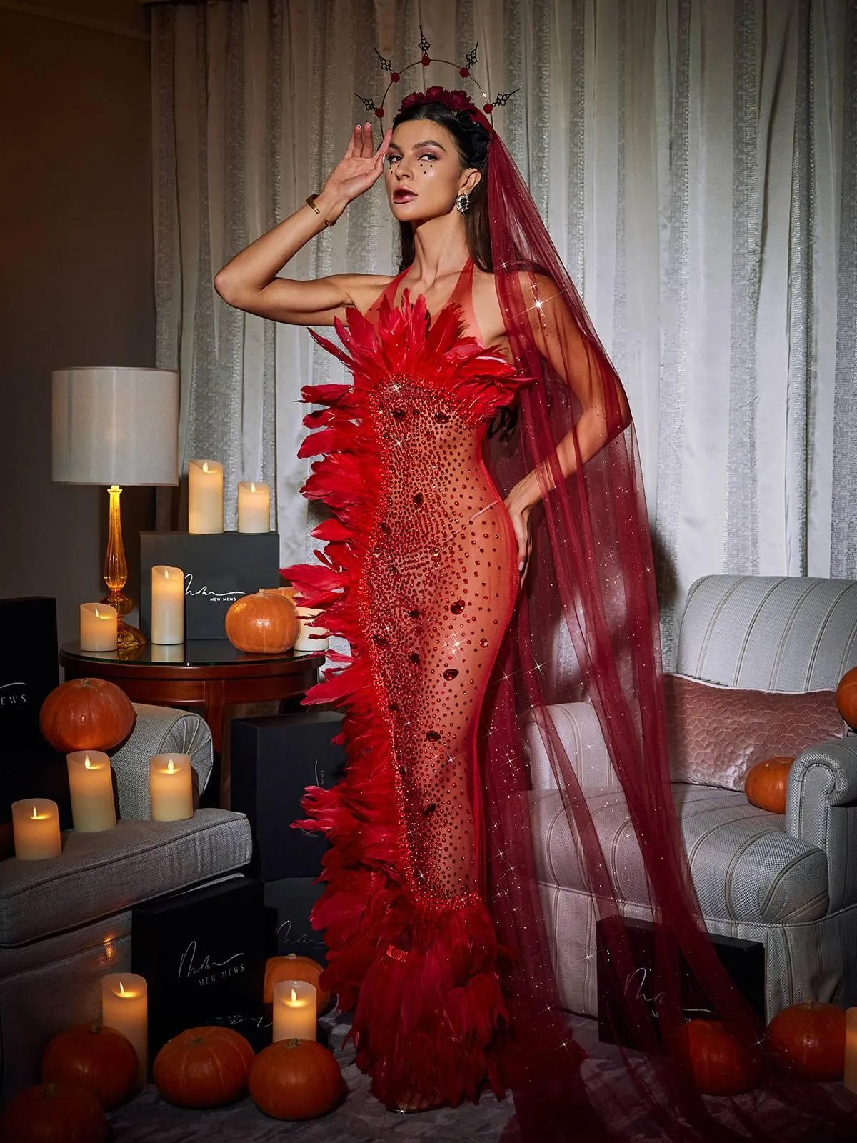Circe Embellished Mesh Feather Maxi Dress In Red sold by Mew Mews