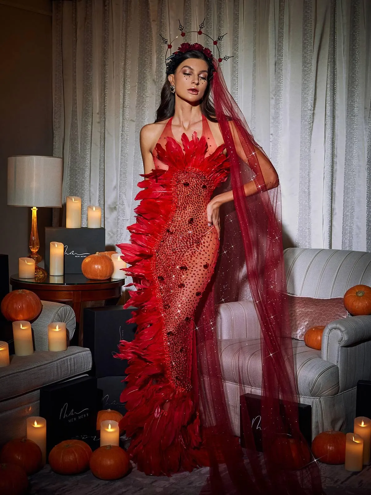 Circe Embellished Mesh Feather Maxi Dress In Red sold by Mew Mews product image thumbnail 3
