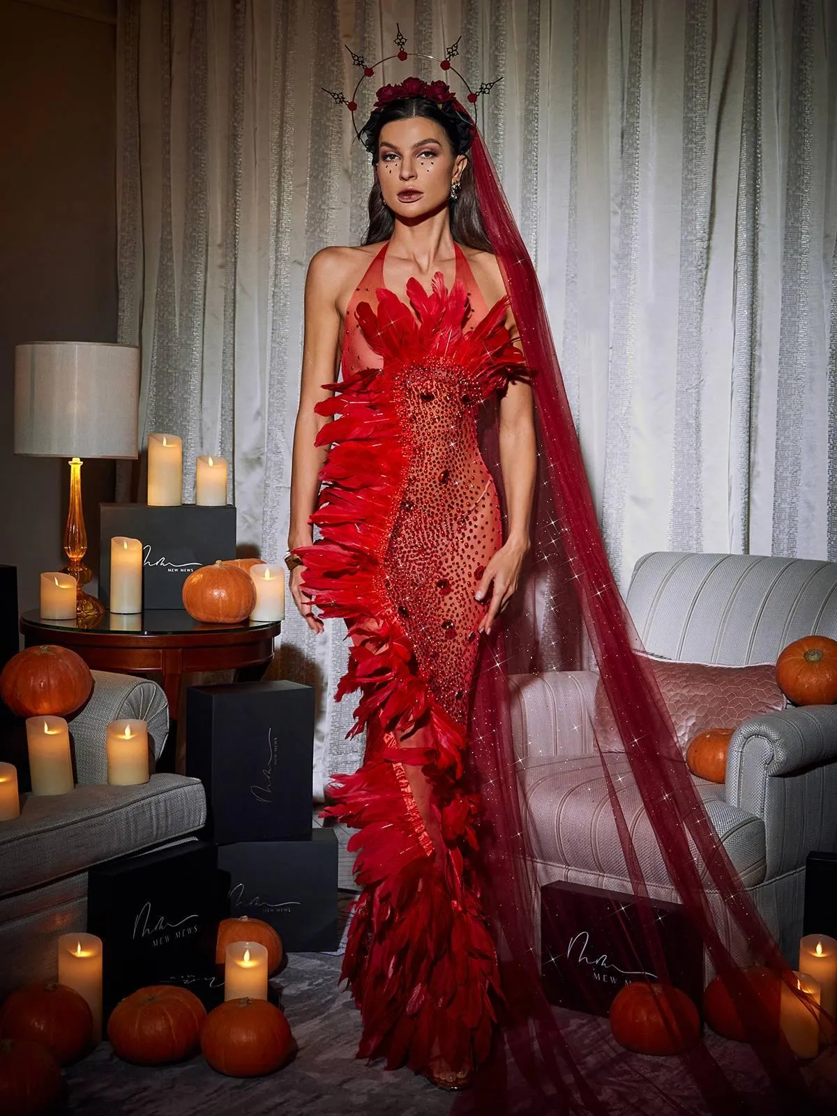 Circe Embellished Mesh Feather Maxi Dress In Red sold by Mew Mews product image thumbnail 5