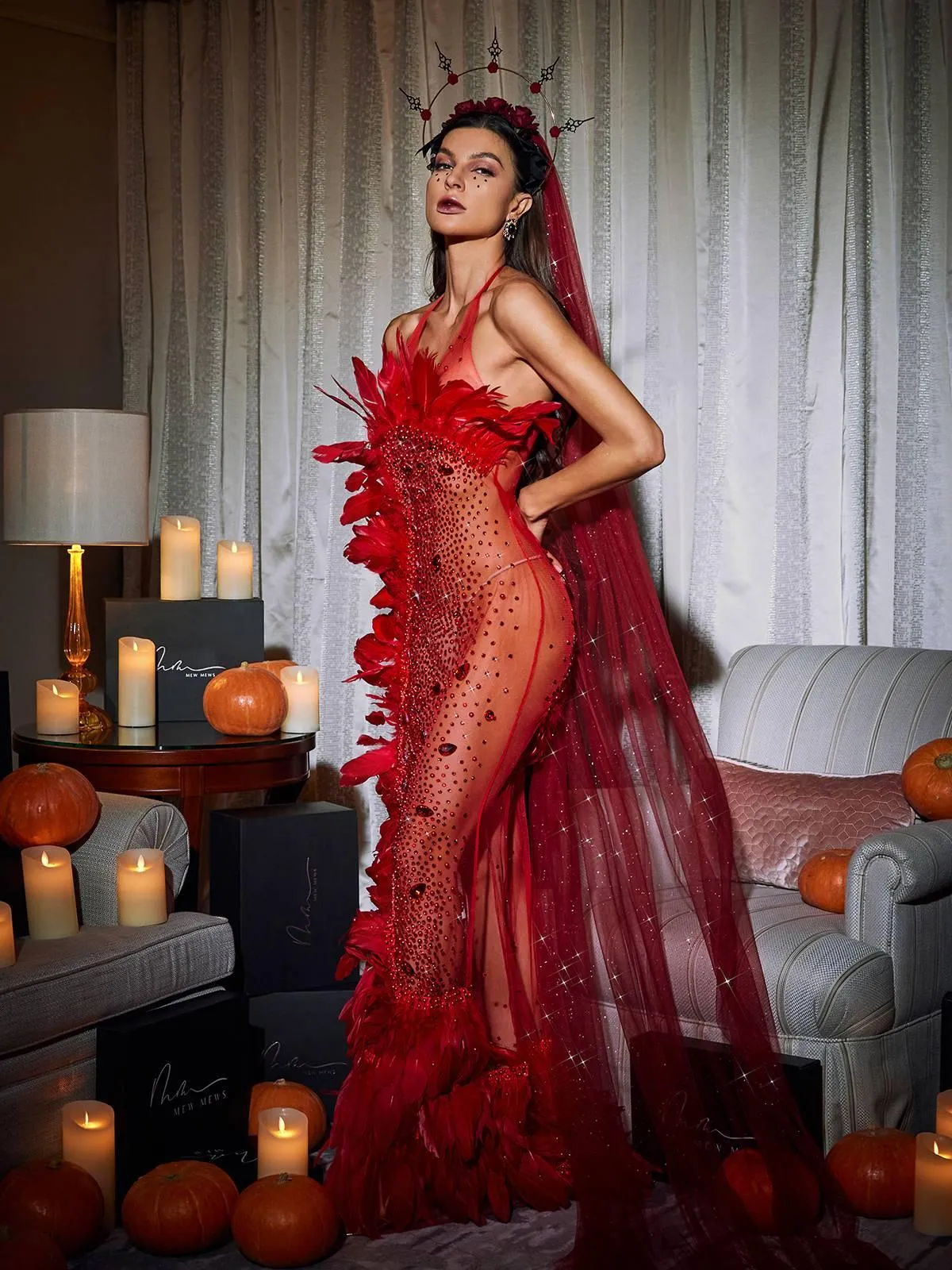 Circe Embellished Mesh Feather Maxi Dress In Red sold by Mew Mews product image thumbnail 4