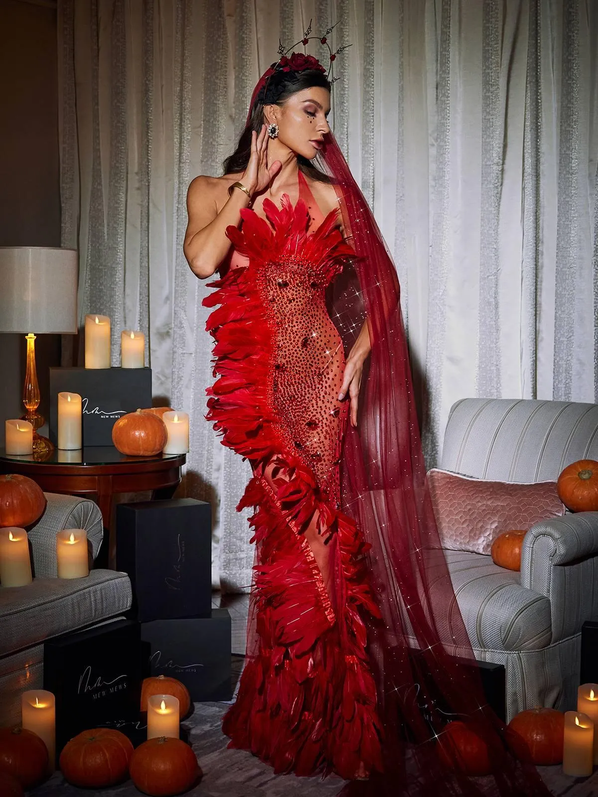 Circe Embellished Mesh Feather Maxi Dress In Red sold by Mew Mews product image thumbnail 2