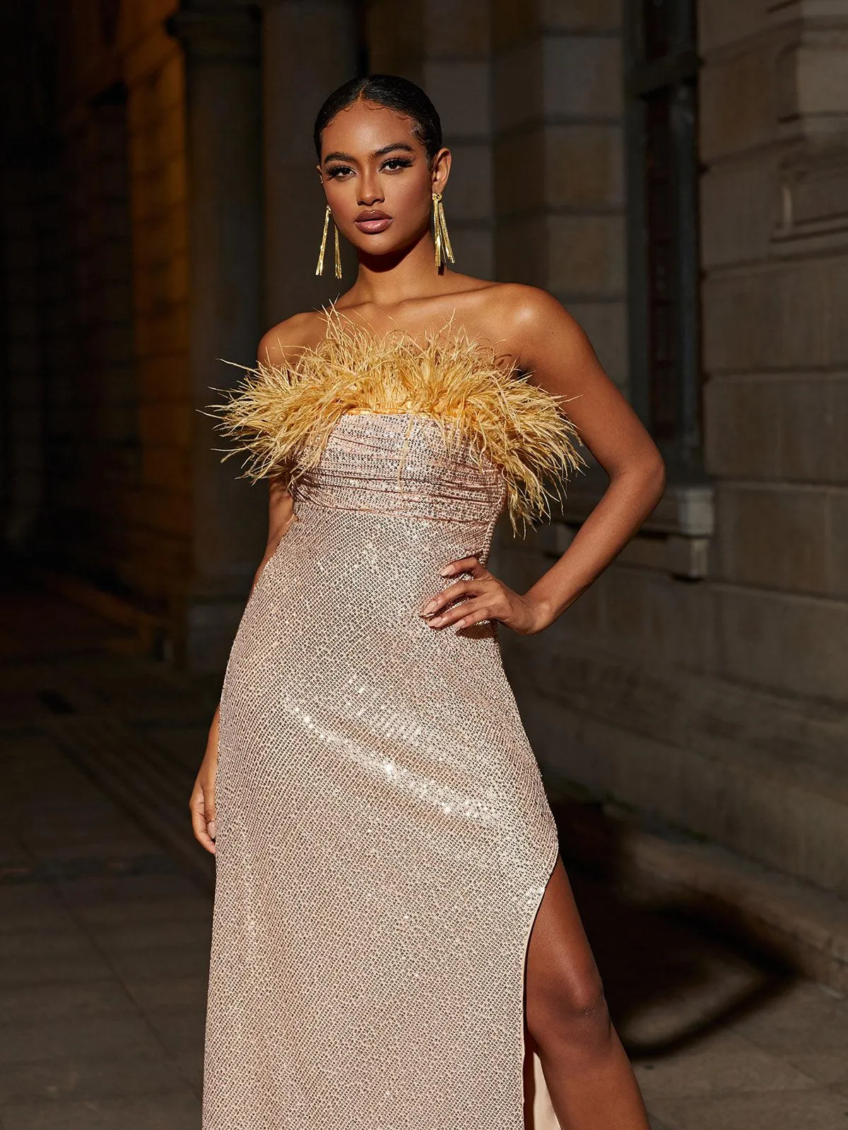 Laurell Strapless Feather Sequin Maxi Dress sold by Mew Mews product image thumbnail 3