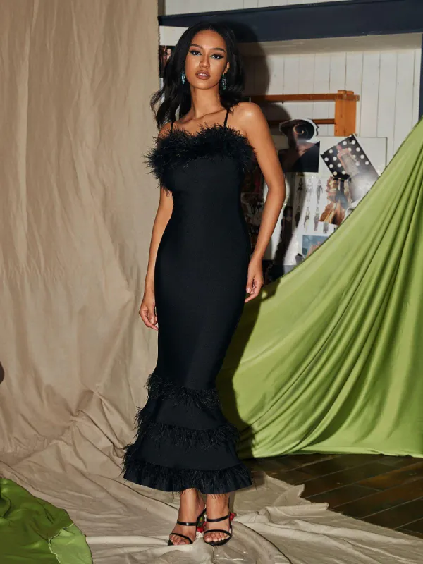 Evolet Feather Tiered Bandage Dress sold by Mew Mews