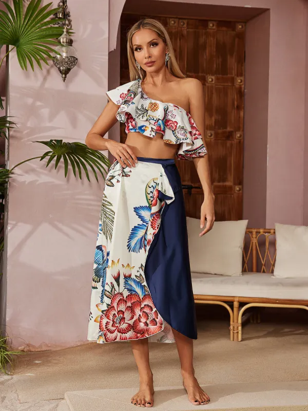 Slate Ruffle Printed Bikini Three Piece Set sold by Mew Mews