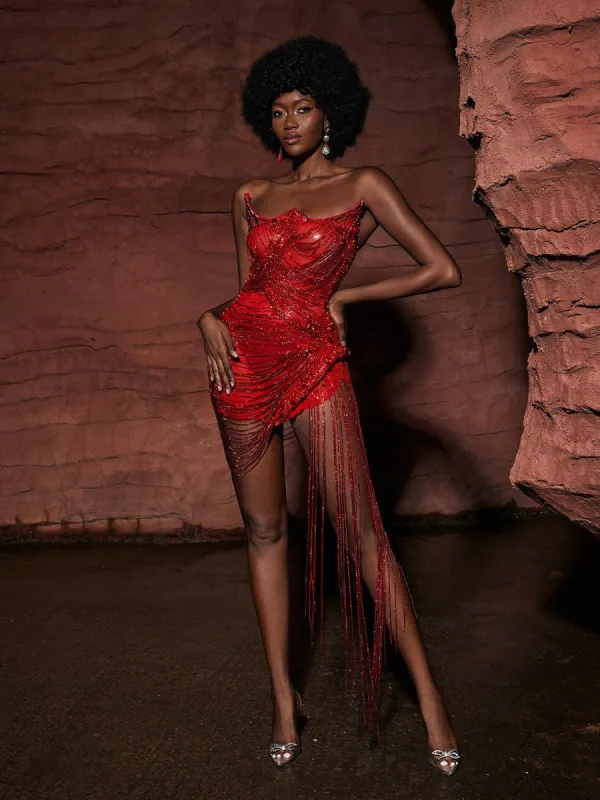 Verona Embellished Diamond Chain Dress In Red sold by Mew Mews