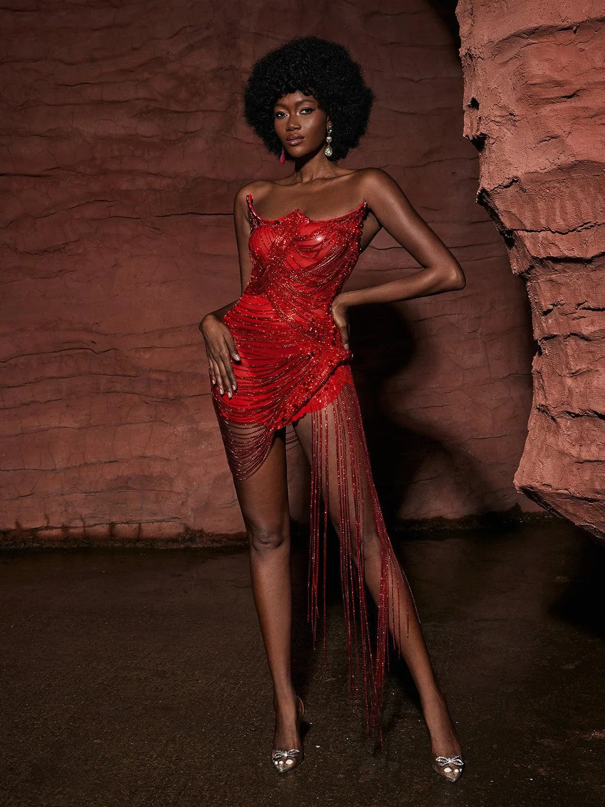 Verona Embellished Diamond Chain Dress In Red sold by Mew Mews