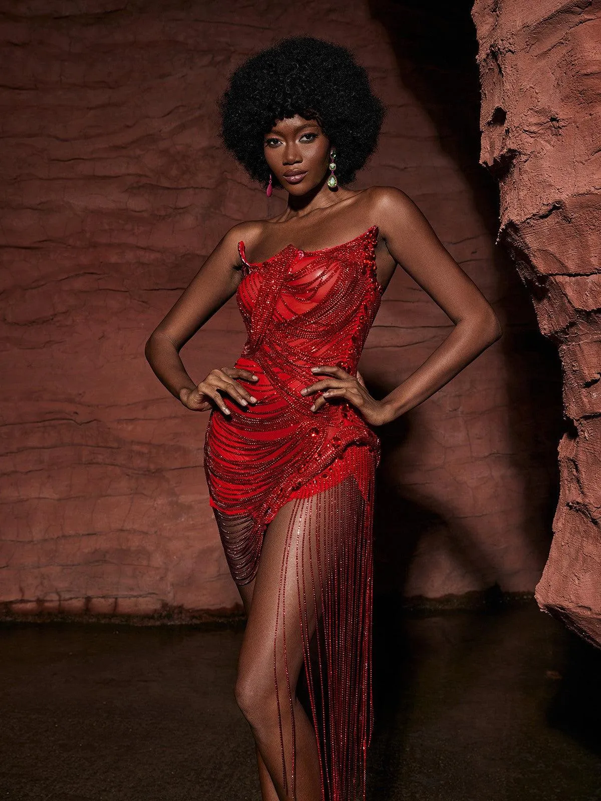 Verona Embellished Diamond Chain Dress In Red sold by Mew Mews product image thumbnail 4