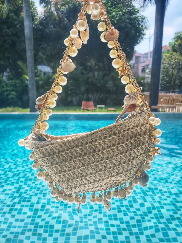 Sofia Pearl Chain Straw Beach Bag sold by Mew Mews