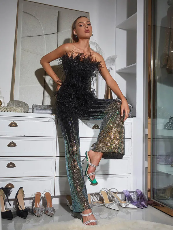 Shiva Ombre Feather Sequin Jumpsuit sold by Mew Mews