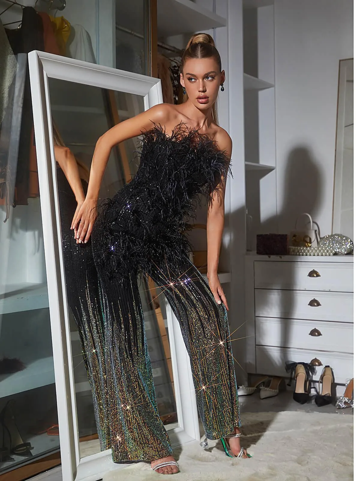 Shiva Ombre Feather Sequin Jumpsuit sold by Mew Mews product image thumbnail 5