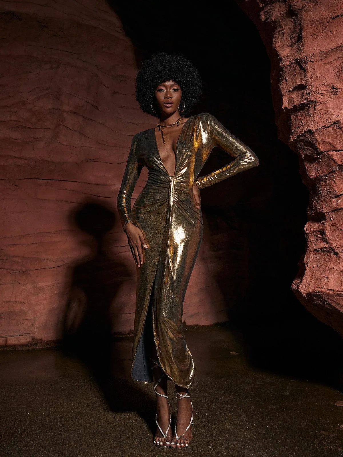 Tressie V Neck Metallic Dress In Gold sold by Mew Mews product image thumbnail 4