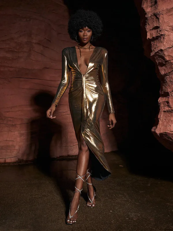 Tressie V Neck Metallic Dress In Gold made by Mew Mews