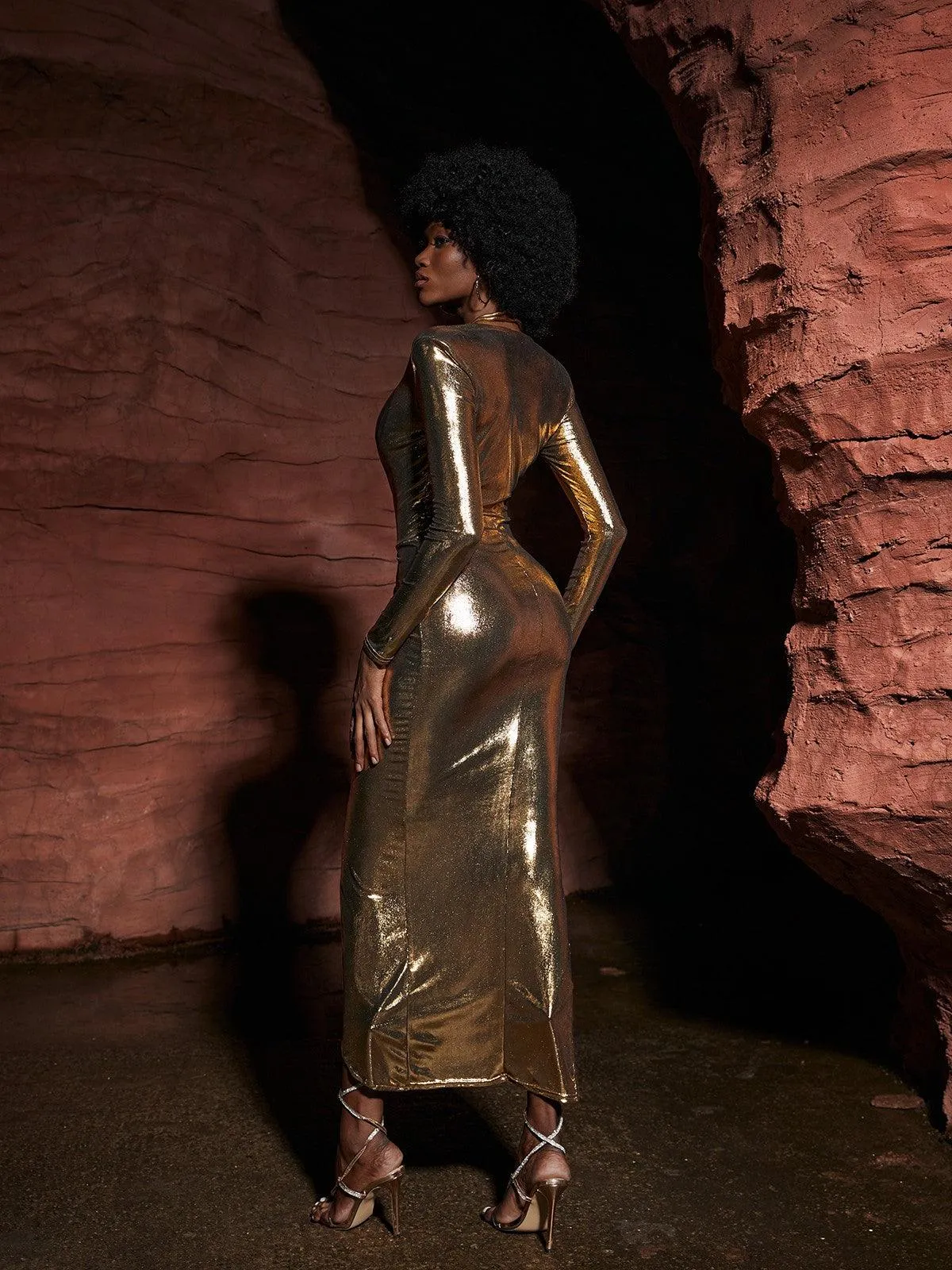 Tressie V Neck Metallic Dress In Gold sold by Mew Mews product image thumbnail 5
