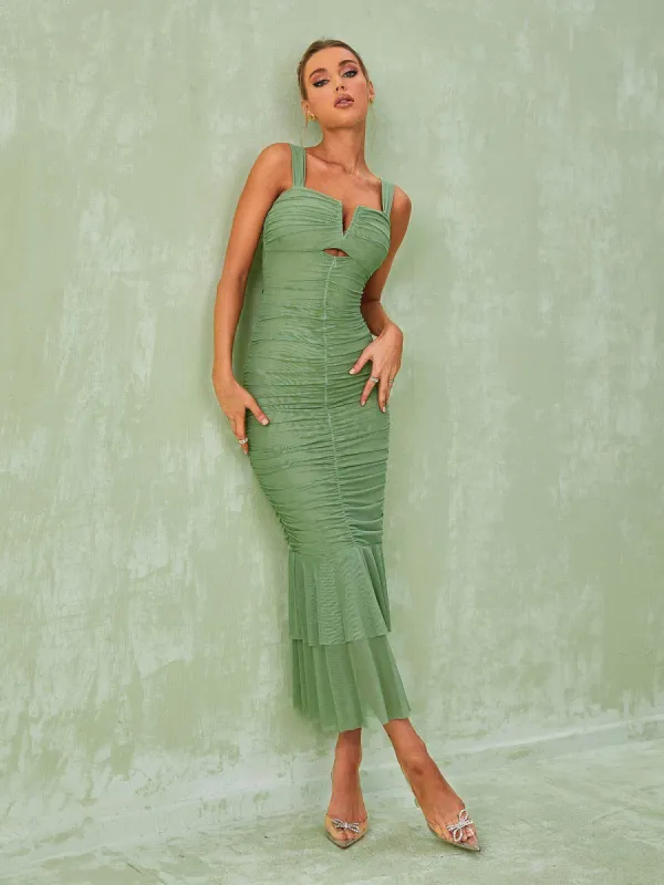 Eri Ruched Mesh Maxi Dress In Green sold by Mew Mews