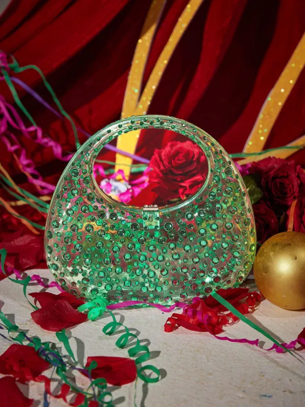 Asher Clear Embellished Bag In Green sold by Mew Mews