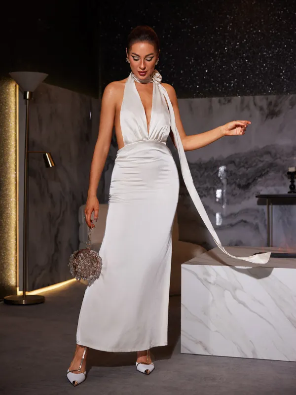 Anamaria Halterneck Ruched Satin Maxi Dress In White sold by Mew Mews