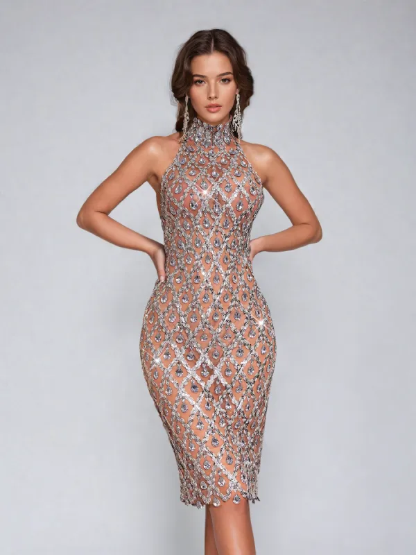 Liora Sequin Crystal Midi Dress In Light Nude sold by Mew Mews
