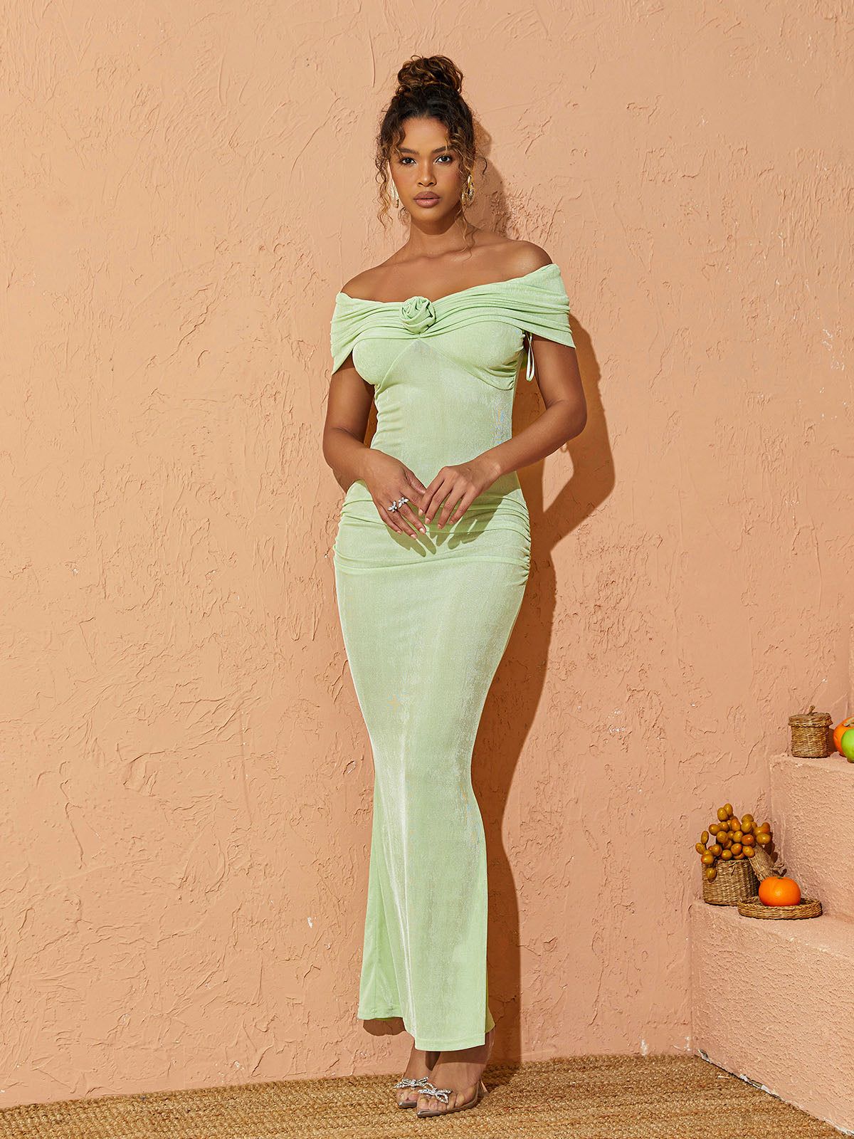 Nera Off Shoulder Ruched Maxi Dress sold by Mew Mews