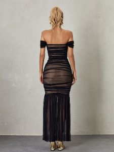 Breigh Off Shoulder Mesh Ruched Maxi Dress sold by Mew Mews