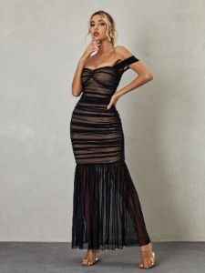 Breigh Off Shoulder Mesh Ruched Maxi Dress sold by Mew Mews