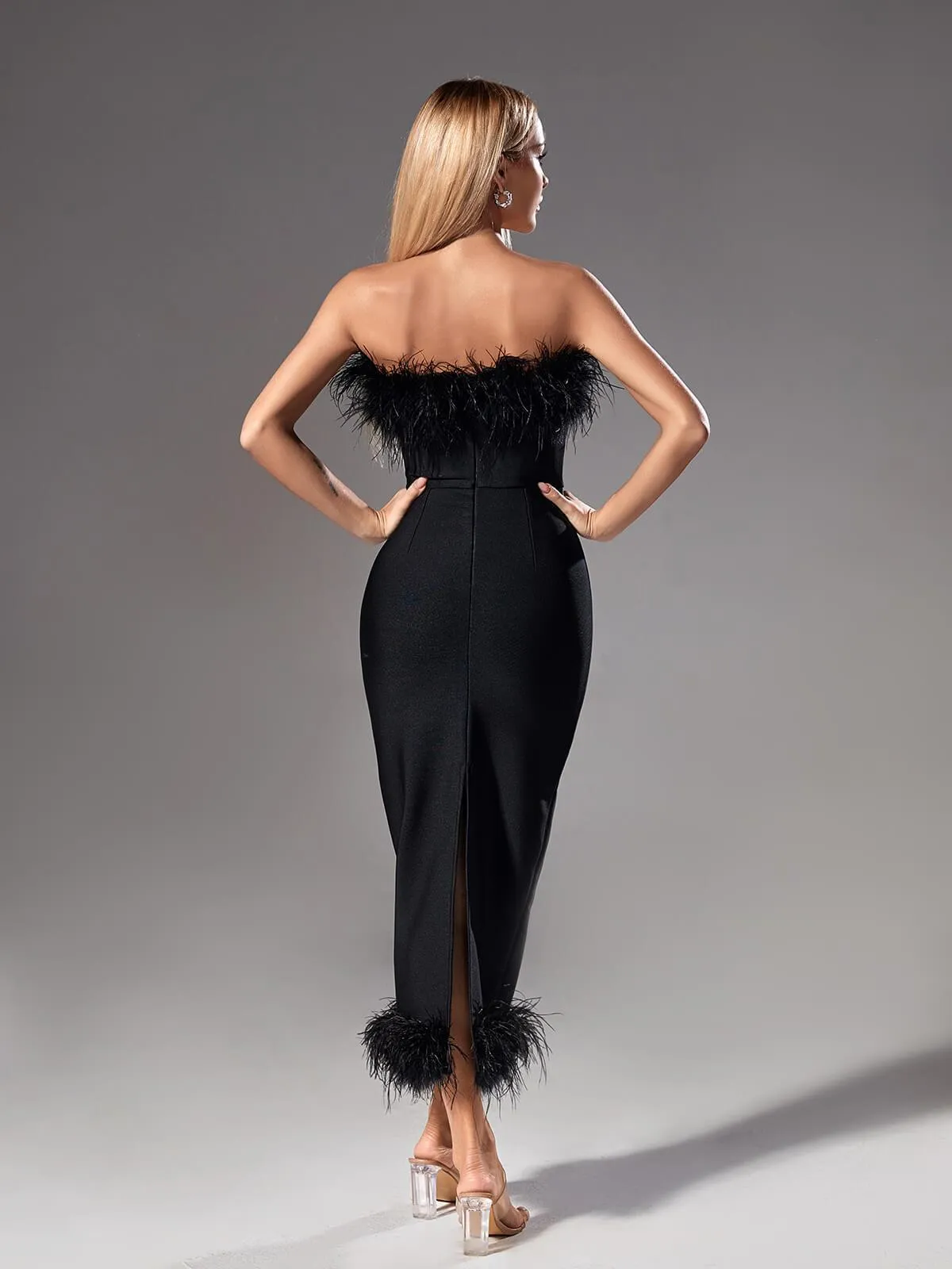 Salome Strapless Feather Trimmed Bandage Dress In Black sold by Mew Mews product image thumbnail 2