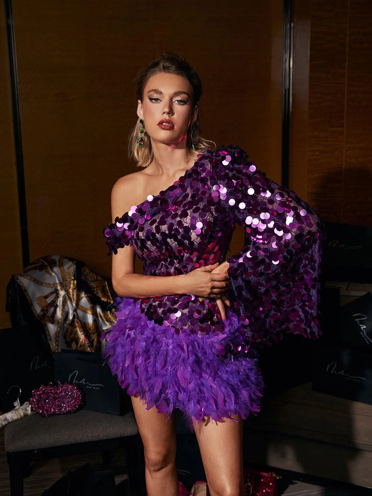 Ettie One Shoulder Sequin Feather Lace Dress sold by Mew Mews product image thumbnail 4