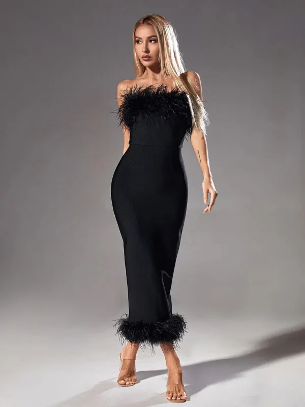 Salome Strapless Feather Trimmed Bandage Dress In Black sold by Mew Mews