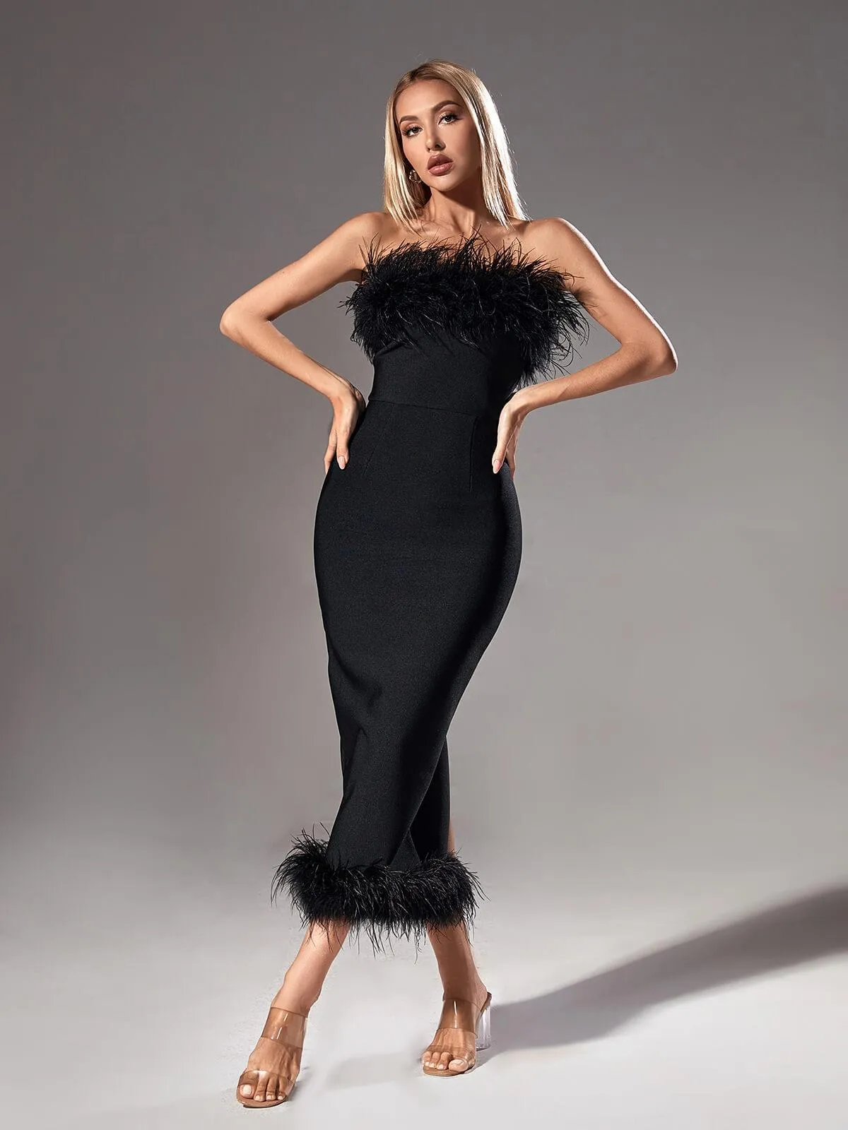 Salome Strapless Feather Trimmed Bandage Dress In Black sold by Mew Mews product image thumbnail 5