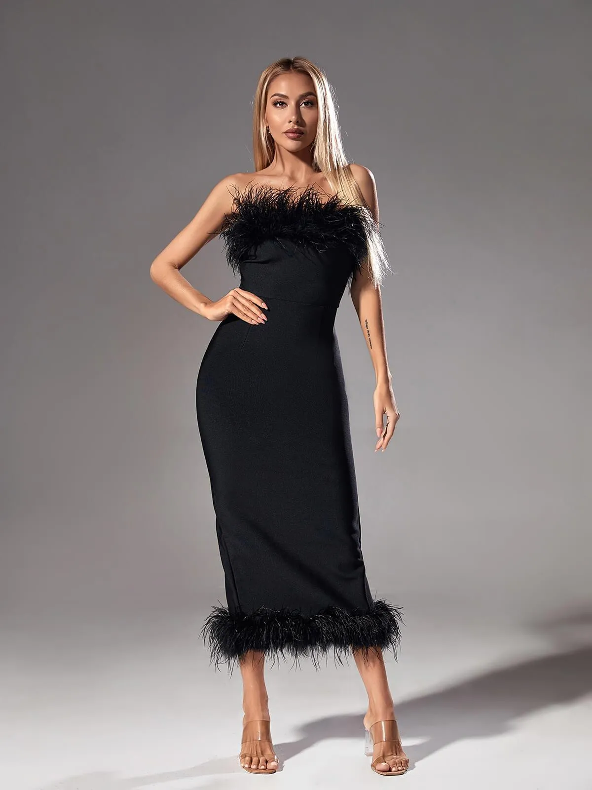 Salome Strapless Feather Trimmed Bandage Dress In Black sold by Mew Mews product image thumbnail 4