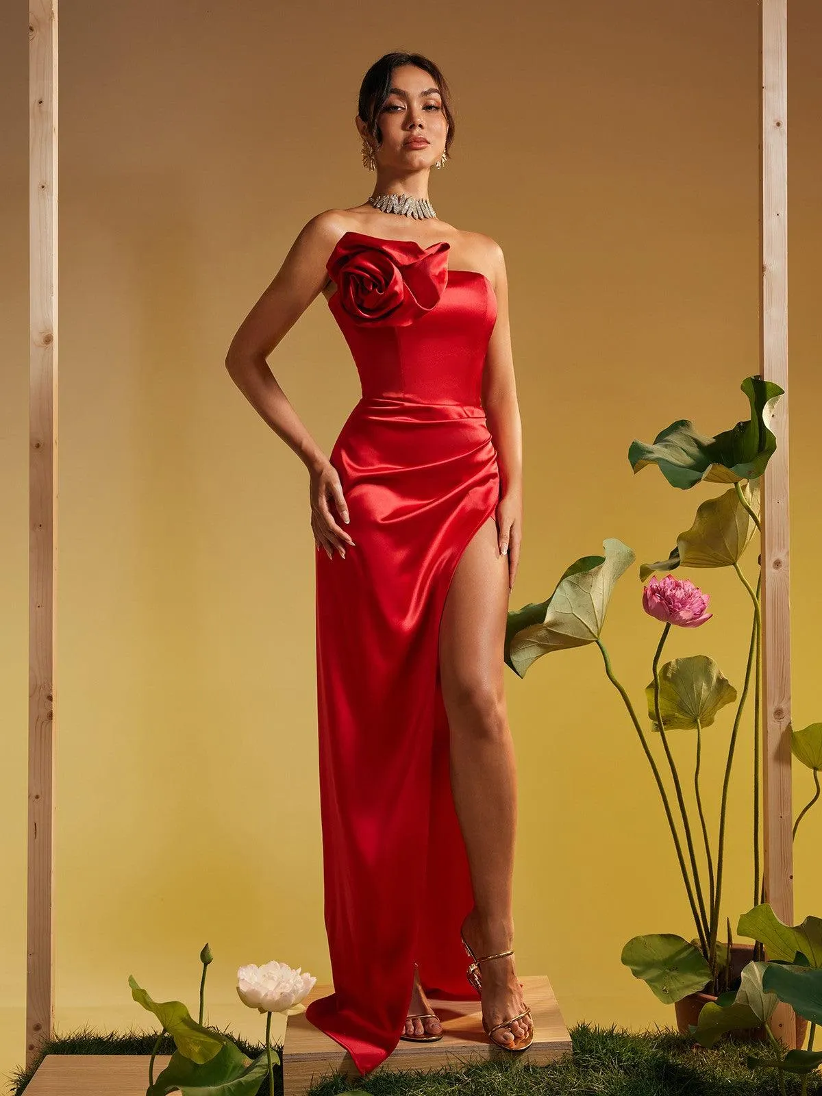 Taika Strapless Flower Satin Maxi Dress sold by Mew Mews product image thumbnail 3