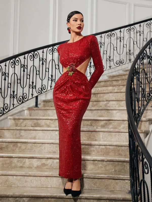 Aviva Long Sleeve Cutout Sequin Maxi Dress In Red sold by Mew Mews