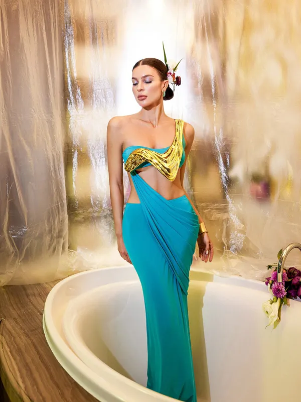 Hailey Strapless Cutout Draped Maxi Dress In Blue sold by Mew Mews