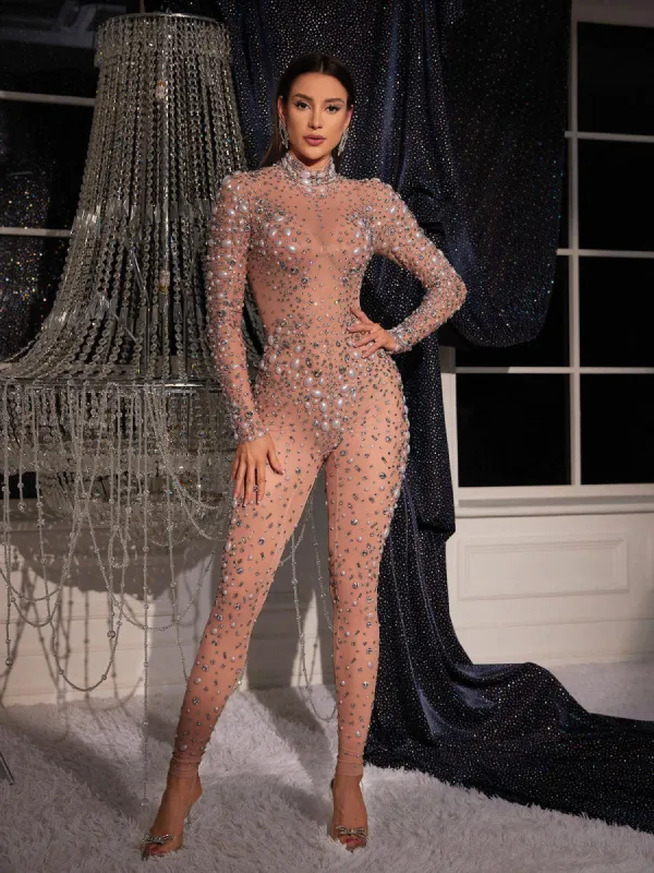 Sibe Rhinestone Pearl Embellished Mesh Jumpsuit sold by Mew Mews