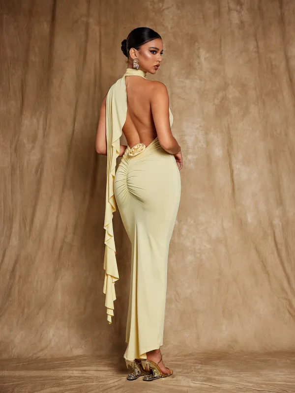 Elisheva Backless Flower Draped Maxi Dress sold by Mew Mews