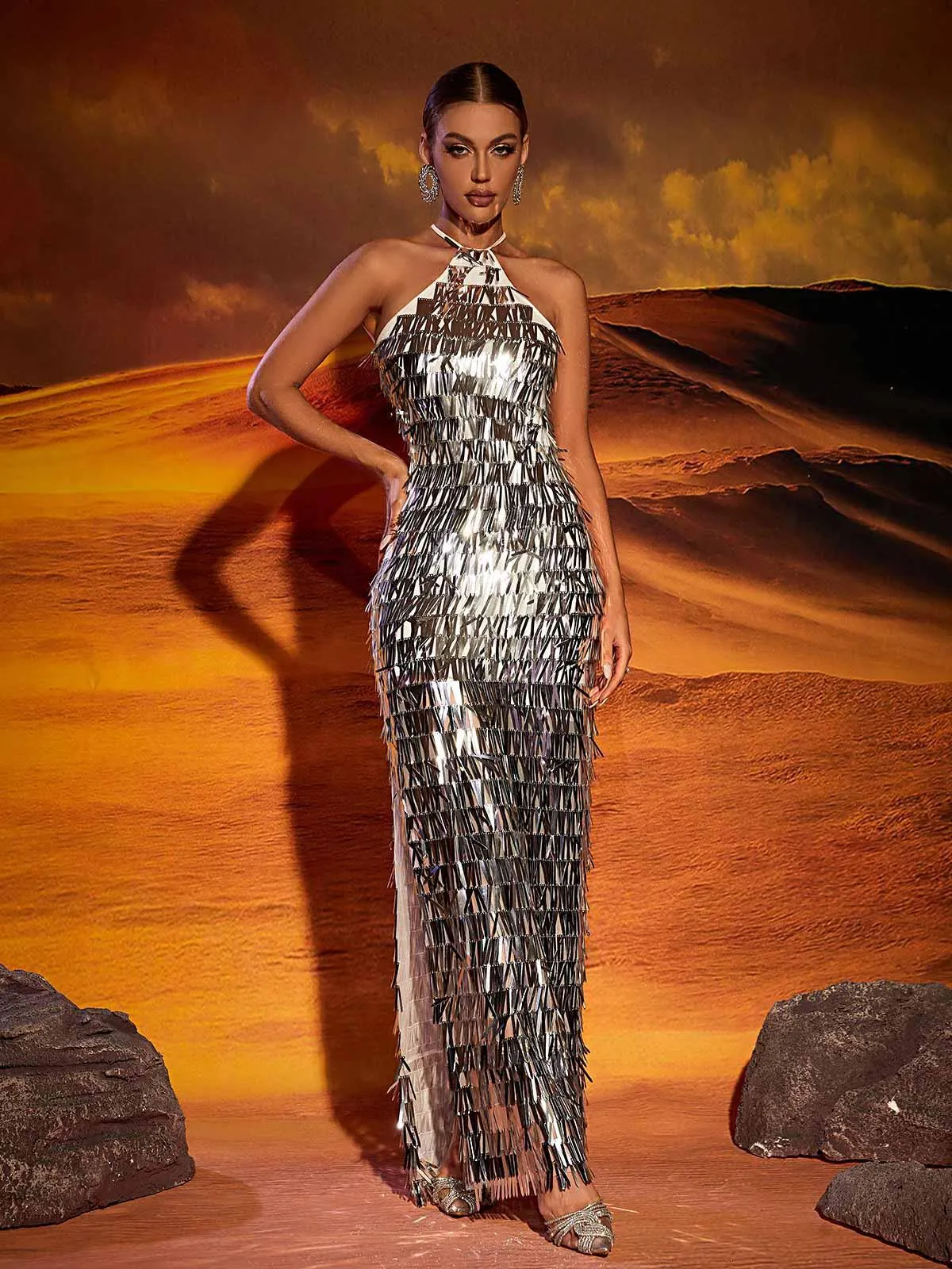 Harper Halterneck Sequin Split Maxi Dress sold by Mew Mews